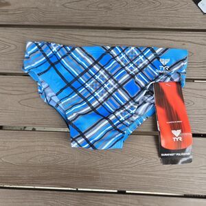 TYR Boy's Men's Durafast Pacific Blue/Grey Plaid Swim Racer Brief SZ 28 New
